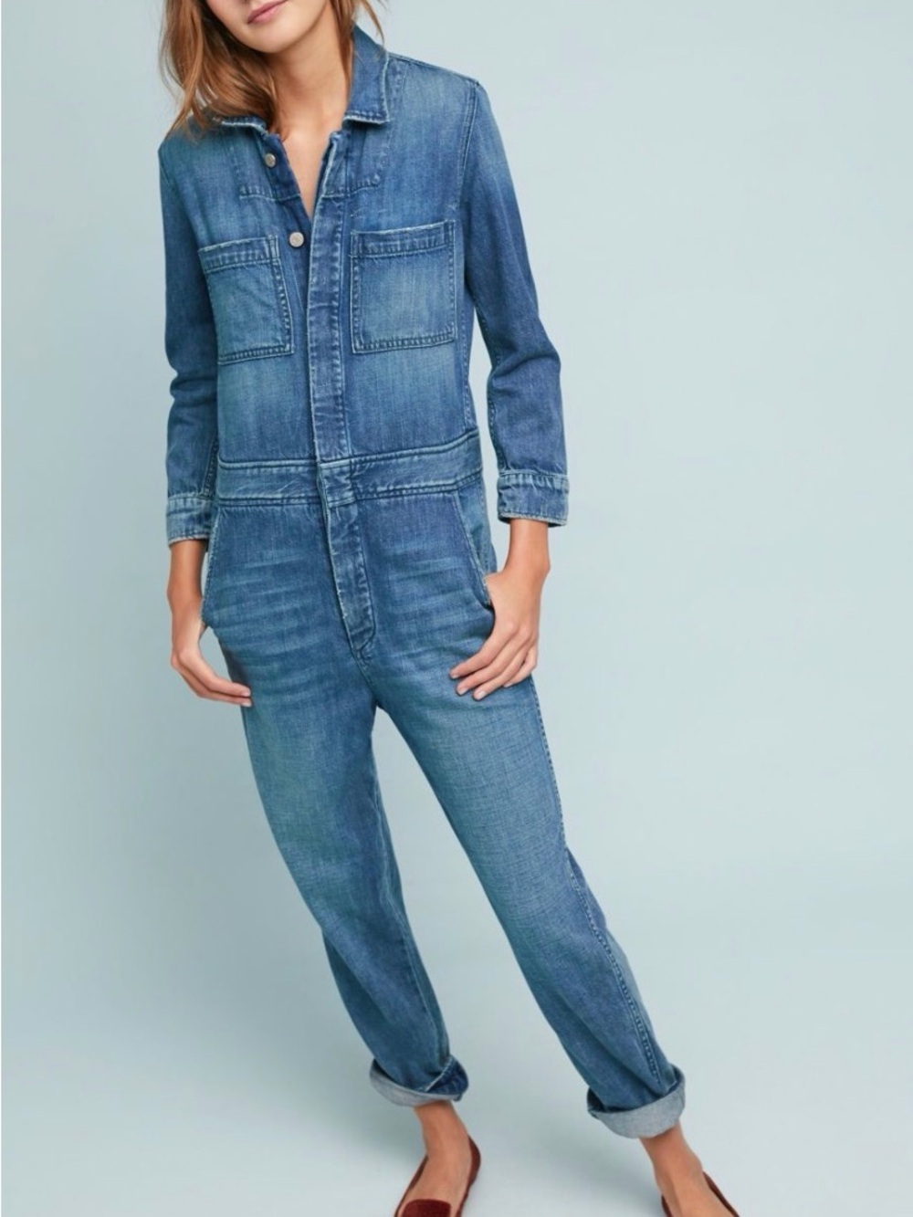 AMO Women's Denim Utility Jumpsuit in Medium Blue